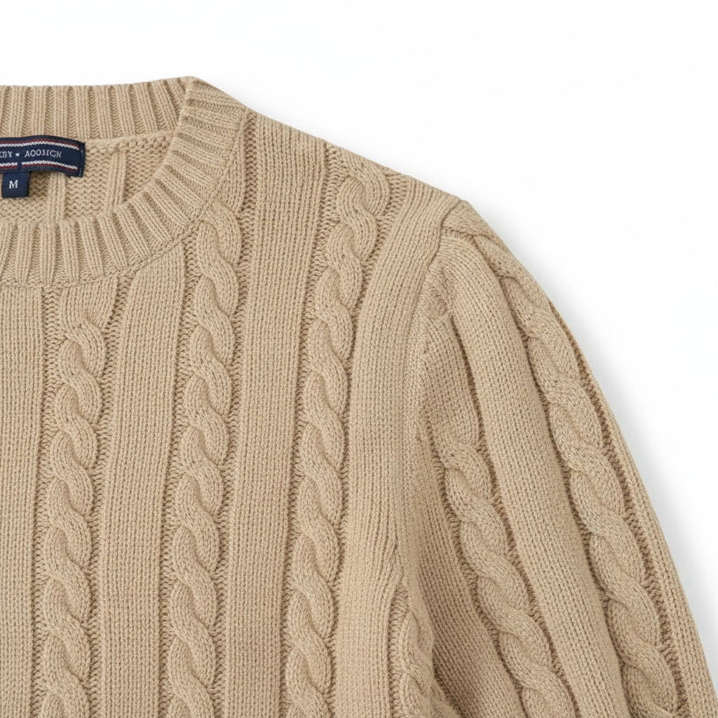 Close-up of a beige cable knit sweater with a visible brand label on a white background