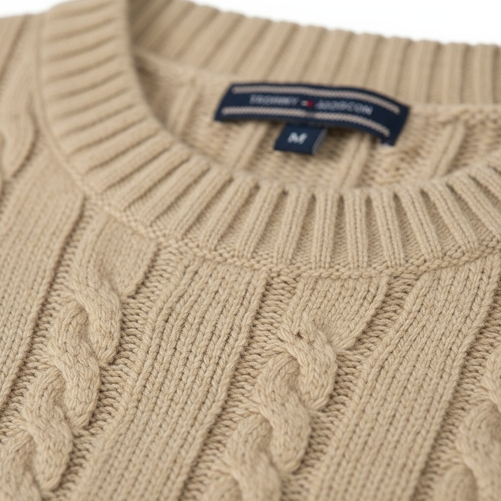 Close-up of a beige cable knit sweater with a Tommy Hilfiger label.